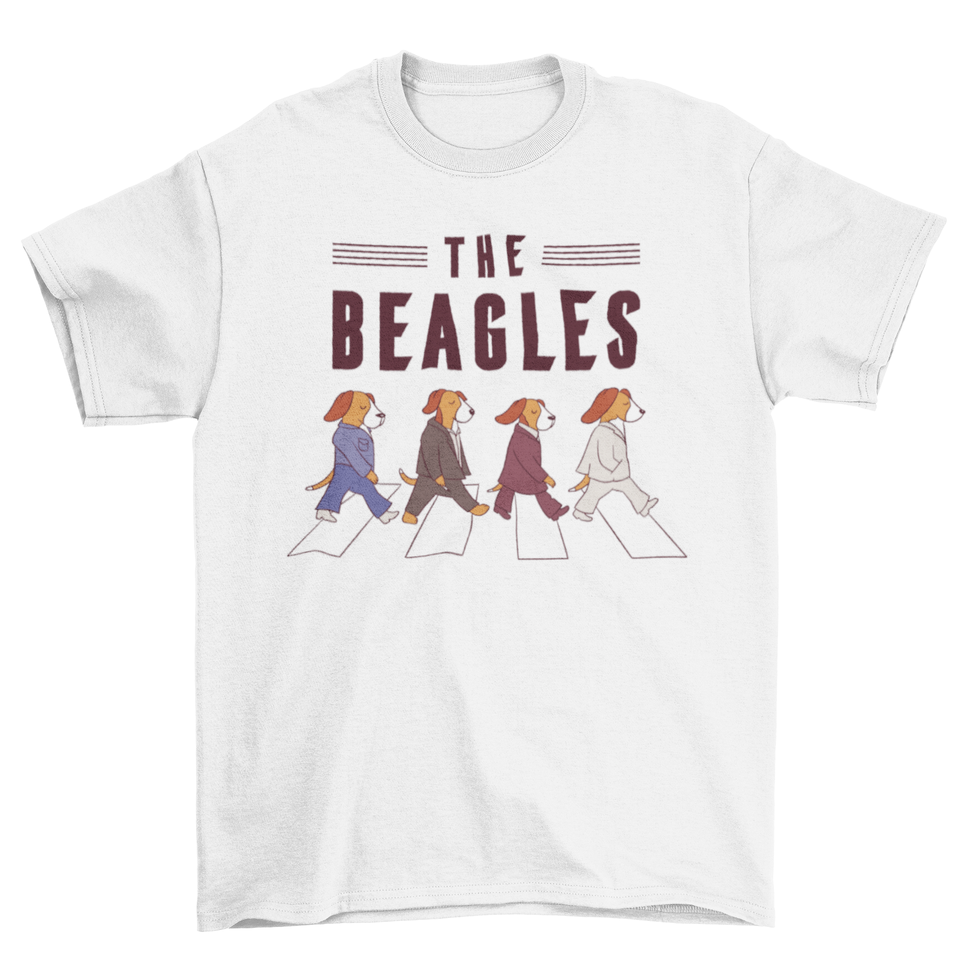 A stylish T-shirt featuring four Beagles walking on a pedestrian crossing with the quote 'THE BEAGLES'.