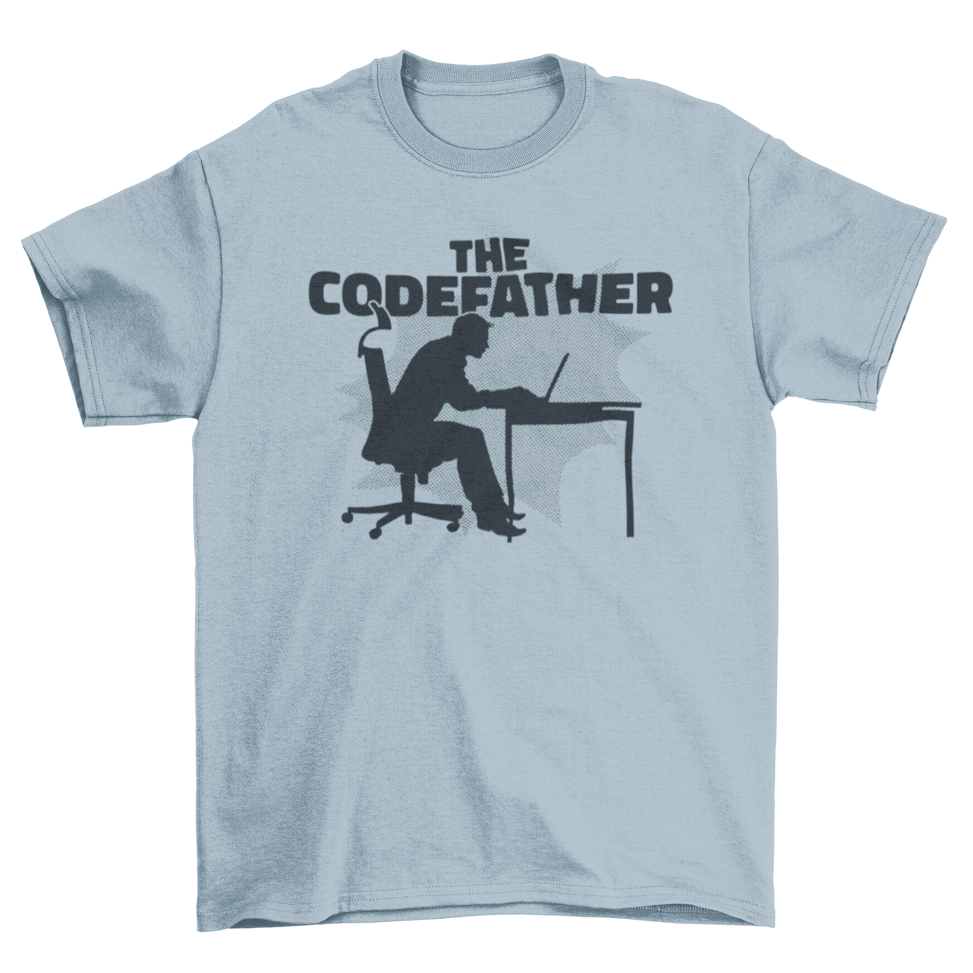 A stylish parody t-shirt featuring a man's silhouette working on a computer with the quote 'The Codefather'.