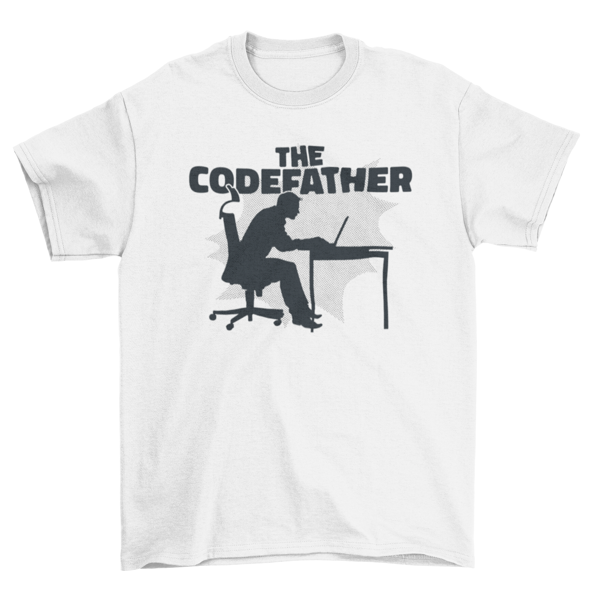 A stylish parody t-shirt featuring a man's silhouette working on a computer with the quote 'The Codefather'.