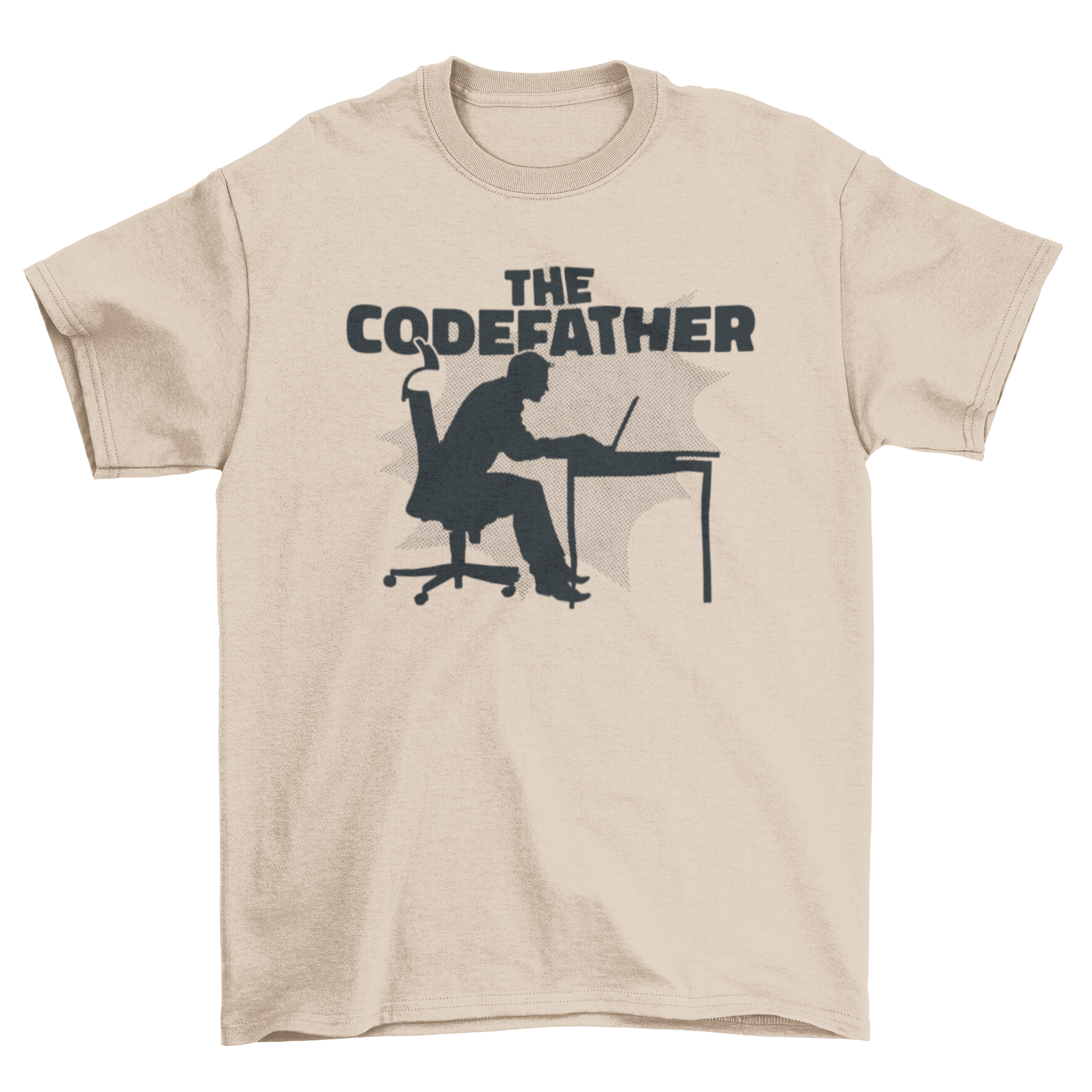 A stylish parody t-shirt featuring a man's silhouette working on a computer with the quote 'The Codefather'.