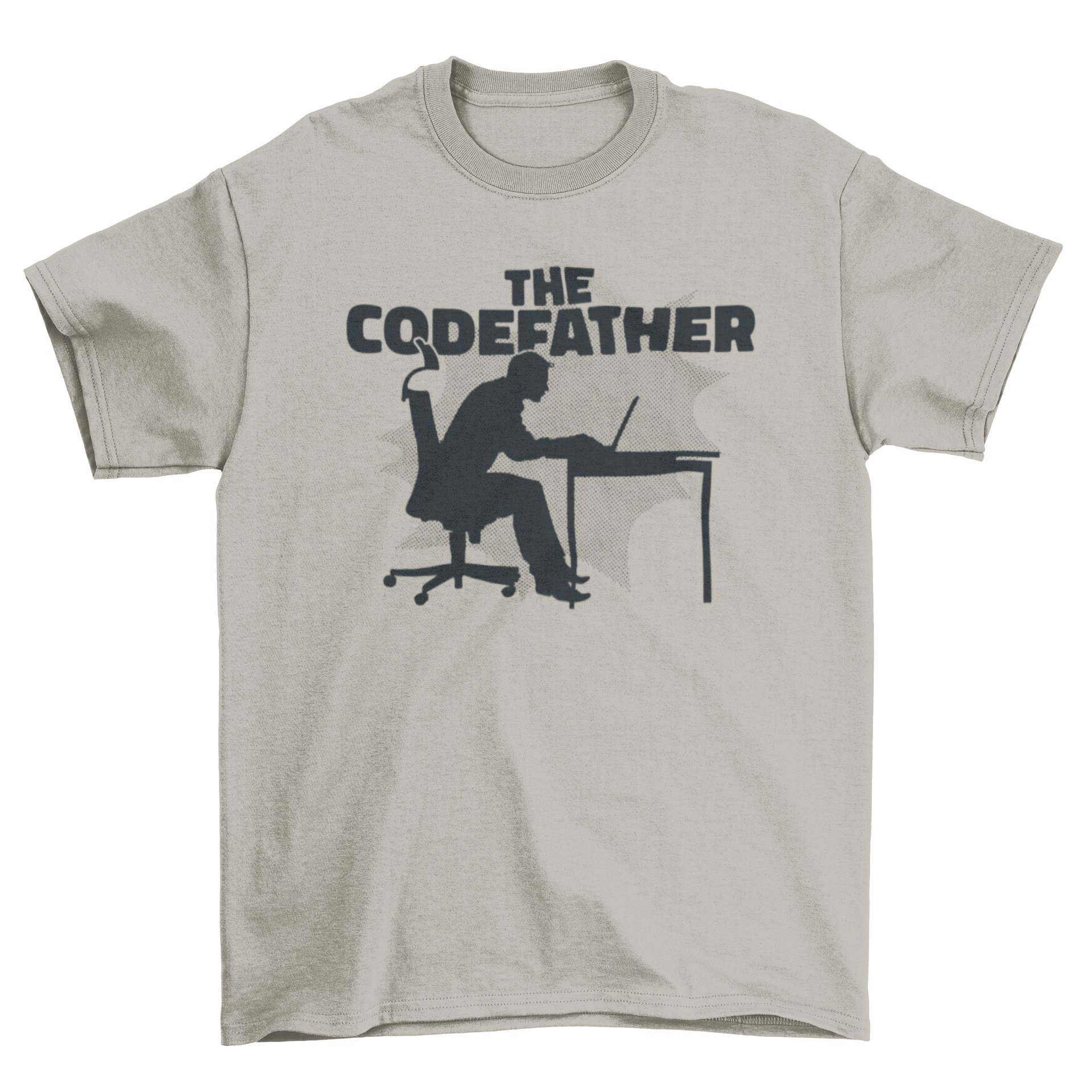 A stylish parody t-shirt featuring a man's silhouette working on a computer with the quote 'The Codefather'.