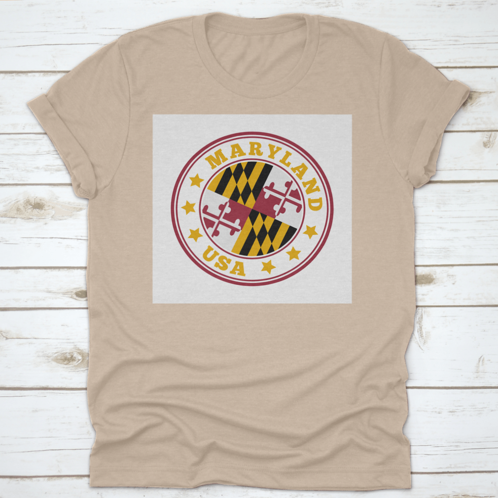 Maryland State Flag Round Logo T-shirt displayed on a mannequin, showcasing its vibrant colors and classic fit.