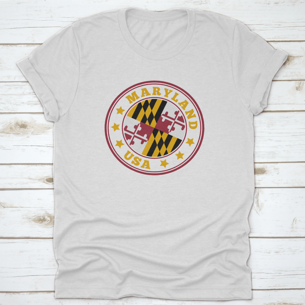 Maryland State Flag Round Logo T-shirt displayed on a mannequin, showcasing its vibrant colors and classic fit.