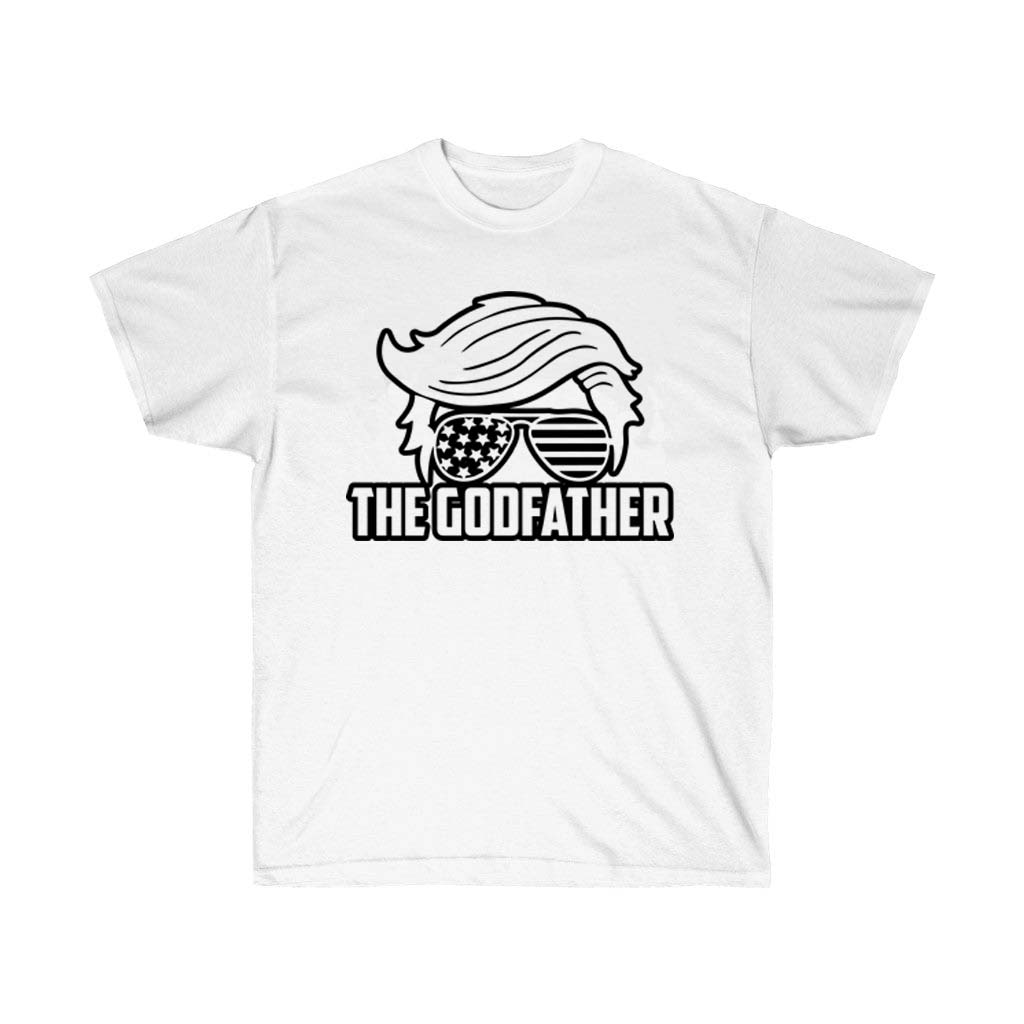 The Godfather Trump Political White T-Shirt featuring a bold design, made from 100% soft cotton, perfect for casual wear.