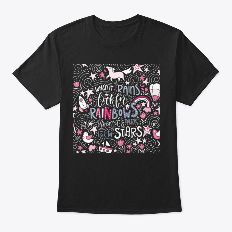 A comfortable t-shirt featuring the inspirational quote 'When It Rains Look For Rainbows' in a stylish hand-drawn vector design.