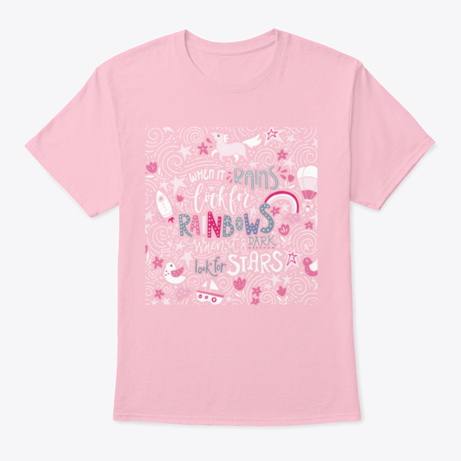 A comfortable t-shirt featuring the inspirational quote 'When It Rains Look For Rainbows' in a stylish hand-drawn vector design.