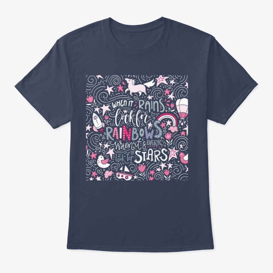 A comfortable t-shirt featuring the inspirational quote 'When It Rains Look For Rainbows' in a stylish hand-drawn vector design.