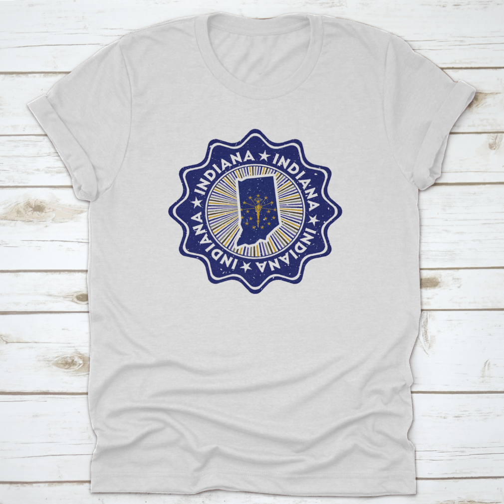 A comfortable round t-shirt featuring the Indiana state map flag design, made from soft cotton fabric.