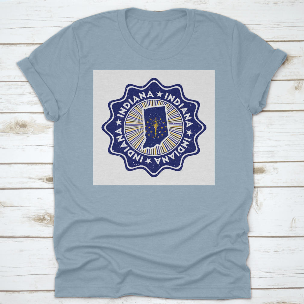 A comfortable round t-shirt featuring the Indiana state map flag design, made from soft cotton fabric.