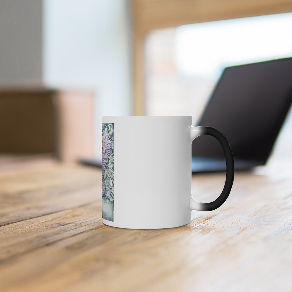 The Key Color Changing Mug showcasing its vibrant color transformation when filled with a hot beverage.