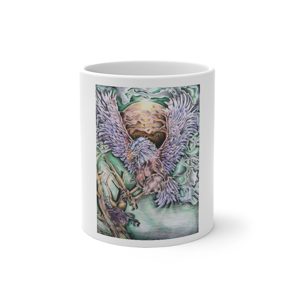 The Key Color Changing Mug showcasing its vibrant color transformation when filled with a hot beverage.