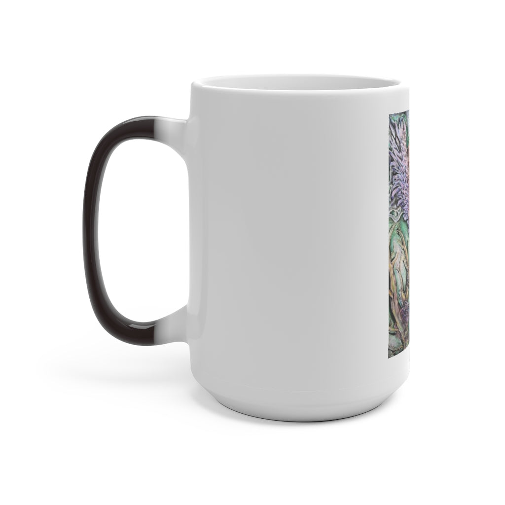 The Key Color Changing Mug showcasing its vibrant color transformation when filled with a hot beverage.