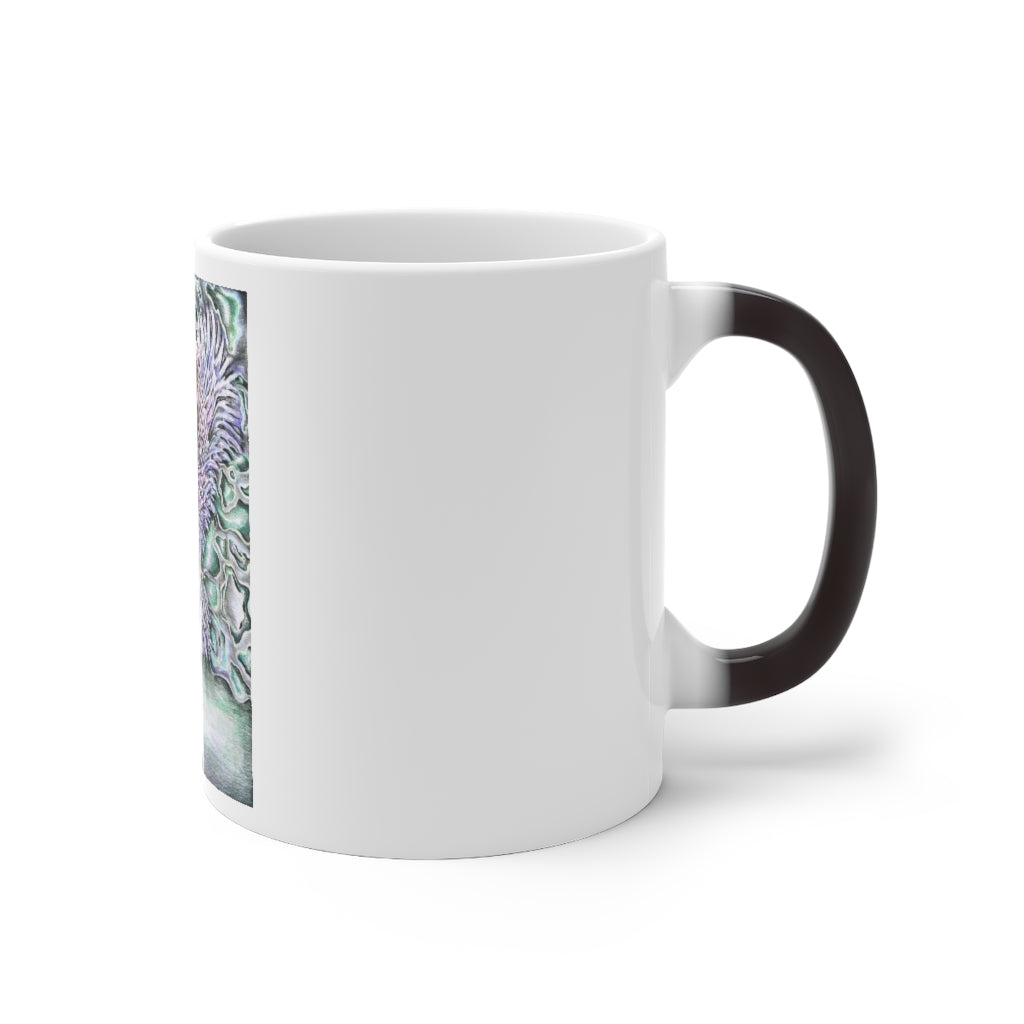 The Key Color Changing Mug showcasing its vibrant color transformation when filled with a hot beverage.