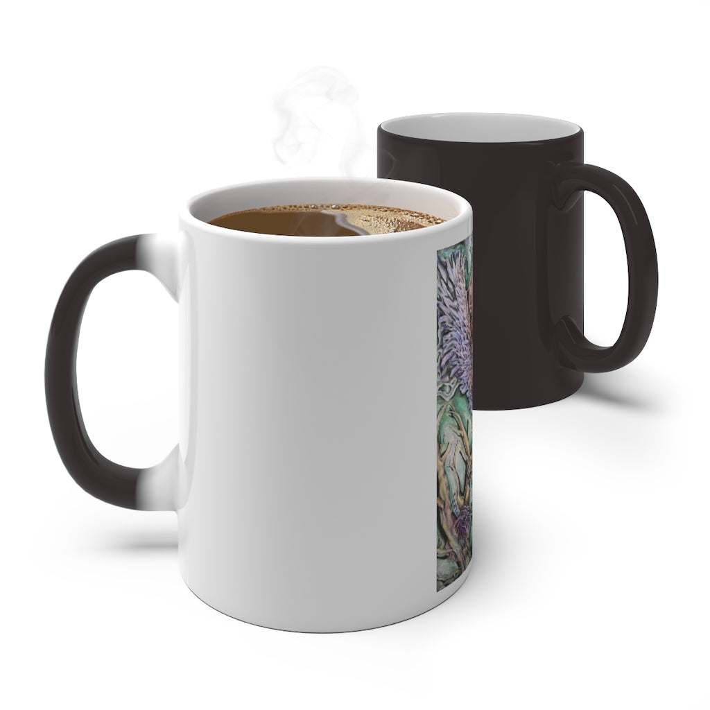 The Key Color Changing Mug showcasing its vibrant color transformation when filled with a hot beverage.