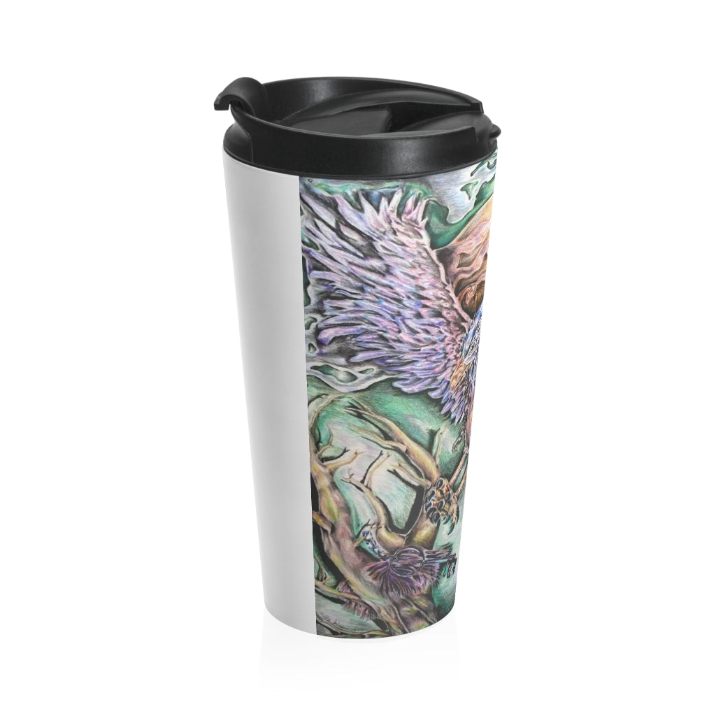 The Key Stainless Steel Travel Mug with a black lid, showcasing its sleek design and vibrant sublimation print.