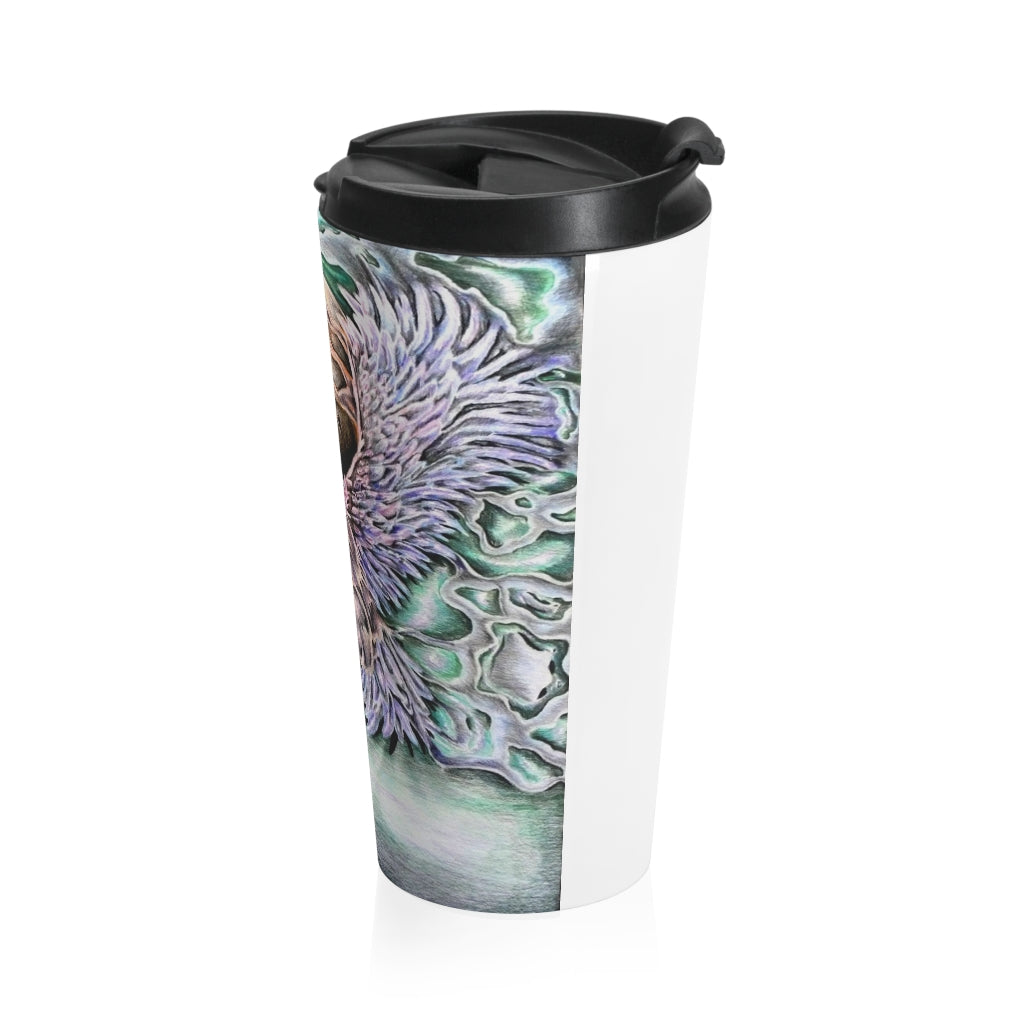 The Key Stainless Steel Travel Mug with a black lid, showcasing its sleek design and vibrant sublimation print.