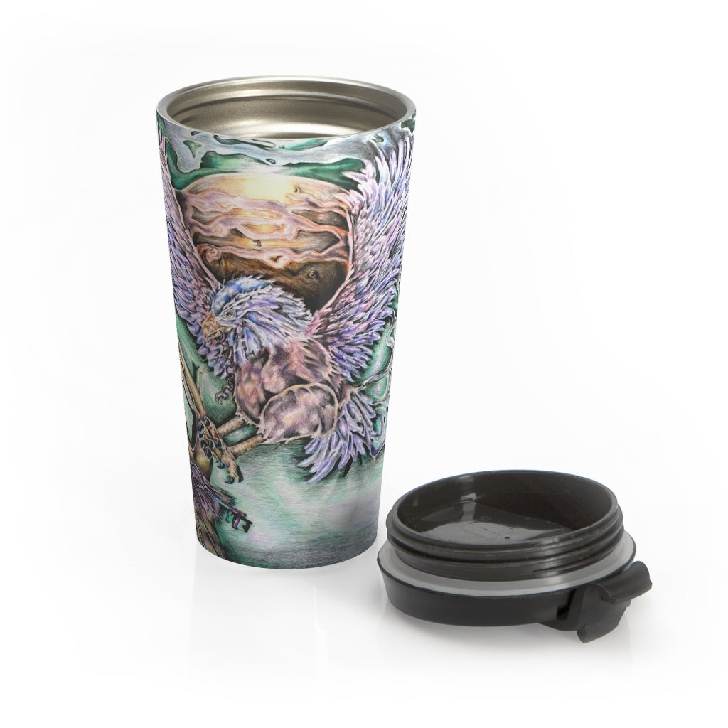 The Key Stainless Steel Travel Mug with a black lid, showcasing its sleek design and vibrant sublimation print.