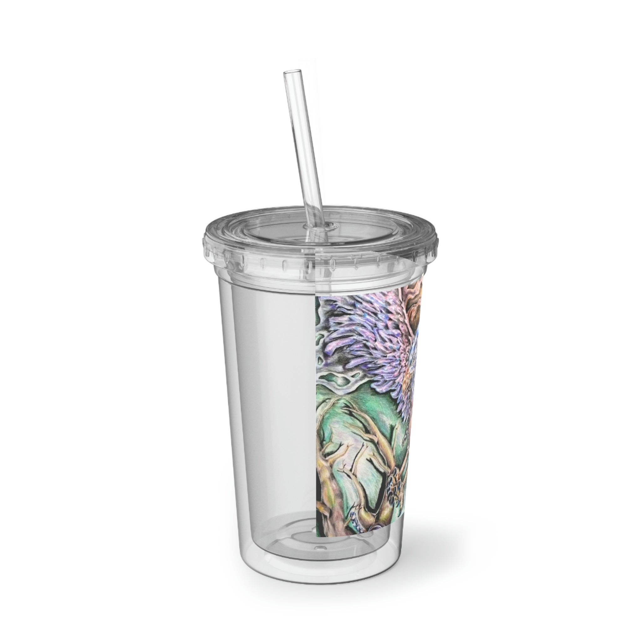 The Key Suave Acrylic Cup with a vibrant design, featuring a double-wall structure, plastic lid, and straw, ideal for hot and cold beverages.