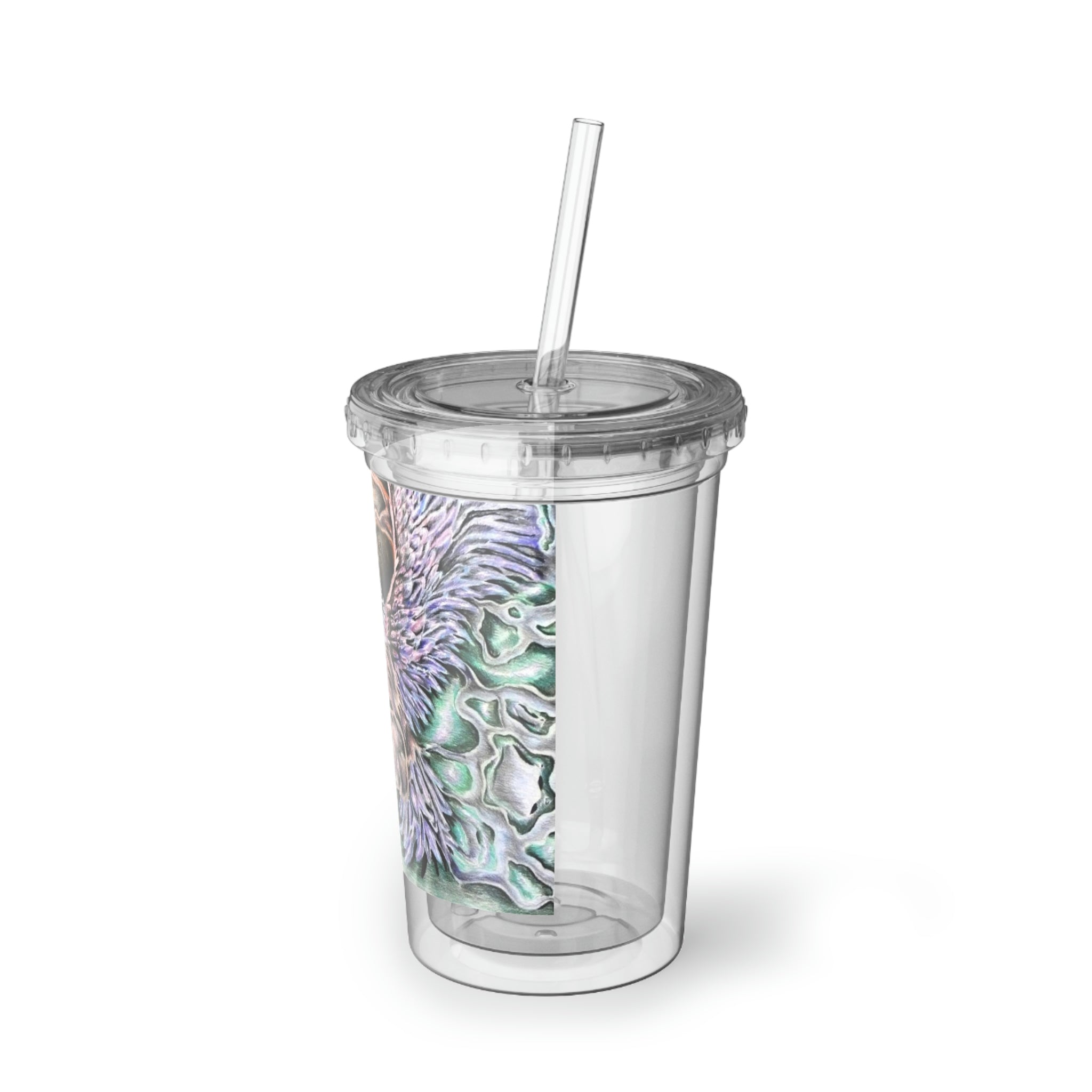 The Key Suave Acrylic Cup with a vibrant design, featuring a double-wall structure, plastic lid, and straw, ideal for hot and cold beverages.