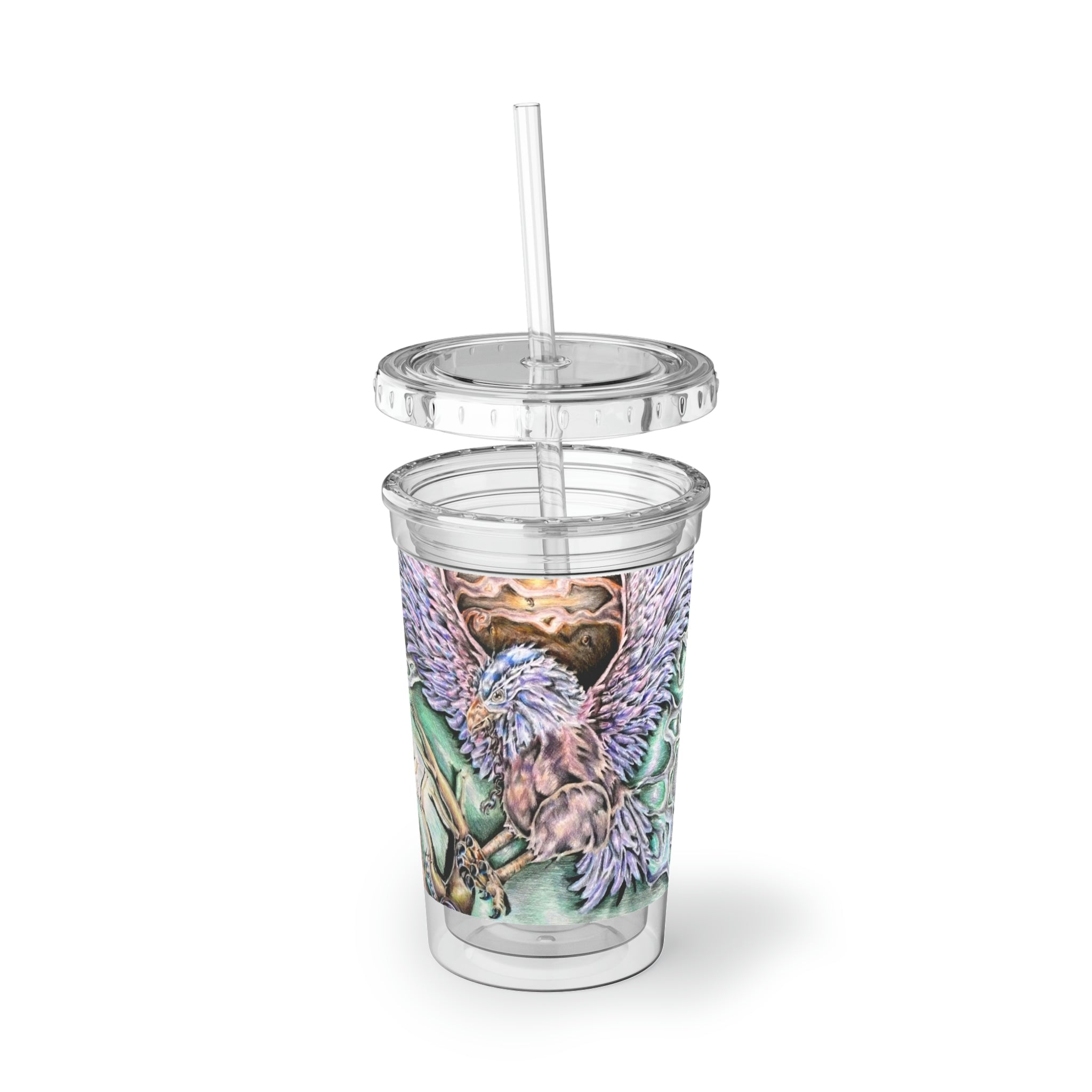 The Key Suave Acrylic Cup with a vibrant design, featuring a double-wall structure, plastic lid, and straw, ideal for hot and cold beverages.