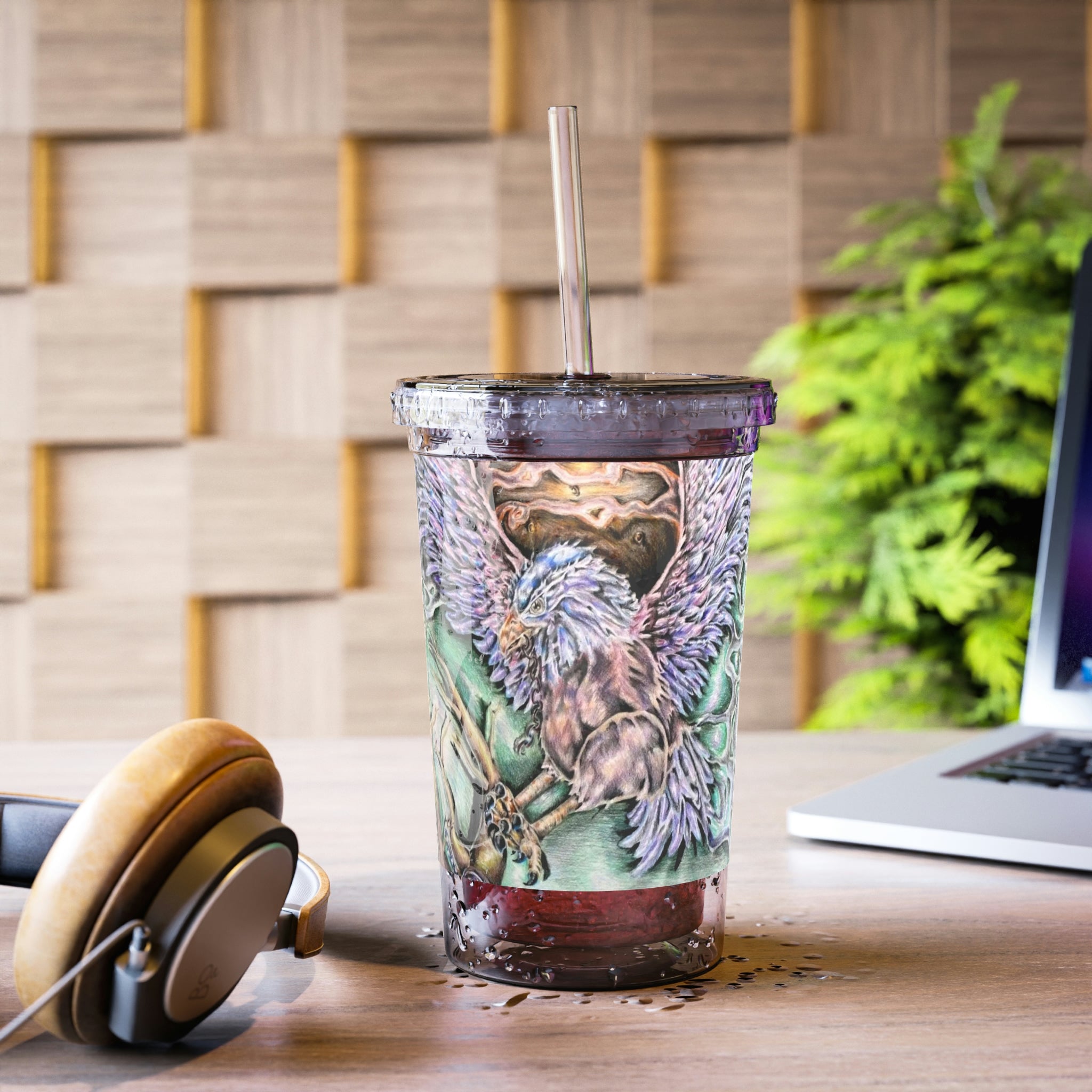 The Key Suave Acrylic Cup with a vibrant design, featuring a double-wall structure, plastic lid, and straw, ideal for hot and cold beverages.