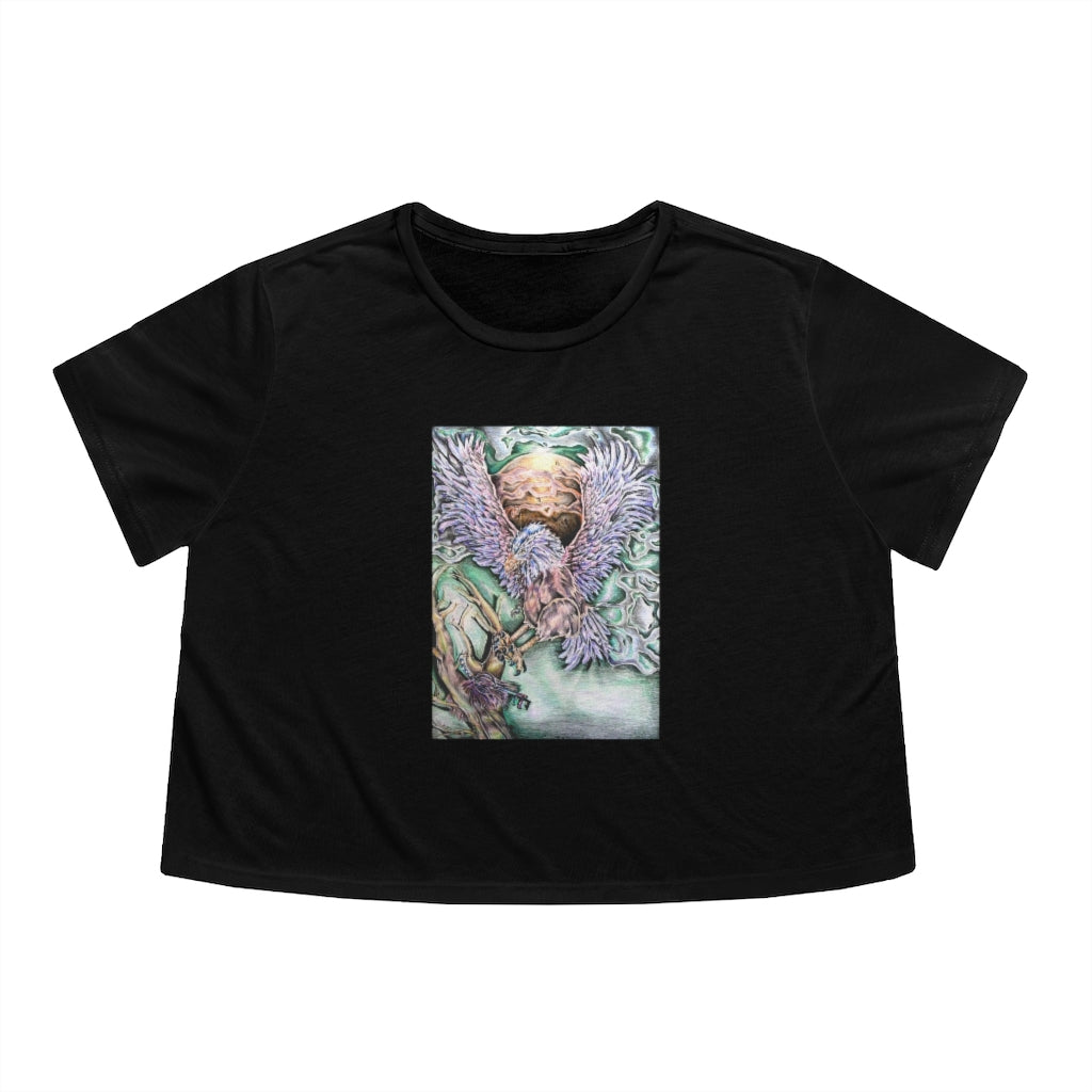 A stylish Key Women's Flowy Cropped Tee in various colors, showcasing its soft fabric and flowy fit.