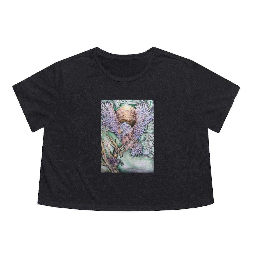 A stylish Key Women's Flowy Cropped Tee in various colors, showcasing its soft fabric and flowy fit.