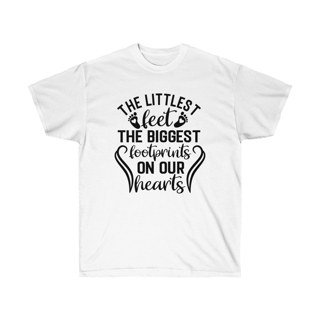 A soft cotton unisex memorial t-shirt featuring the phrase 'The Littlest Feet the Biggest Footprints in our Heart' in a stylish vinyl print.