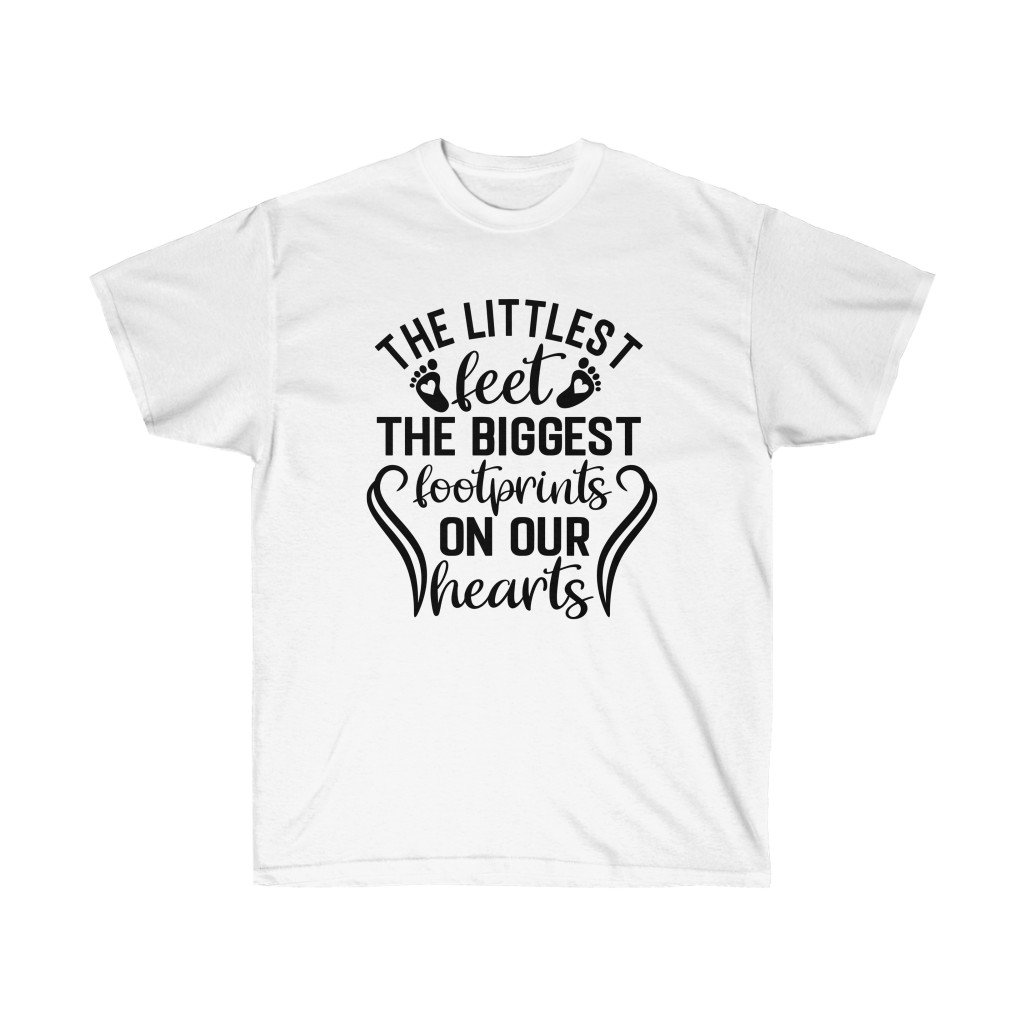A soft cotton unisex memorial t-shirt featuring the phrase 'The Littlest Feet the Biggest Footprints in our Heart' in a stylish vinyl print.