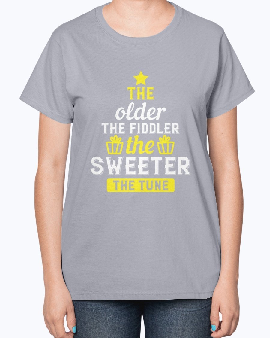 A stylish ladies t-shirt featuring the phrase 'The older the fiddler, the sweeter the tune' designed for birthday celebrations, made from a soft cotton blend.