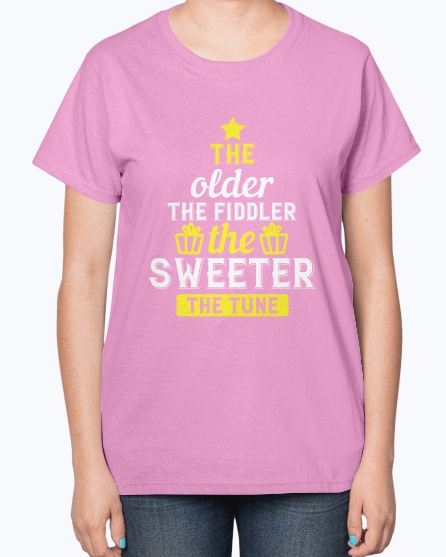 A stylish ladies t-shirt featuring the phrase 'The older the fiddler, the sweeter the tune' designed for birthday celebrations, made from a soft cotton blend.