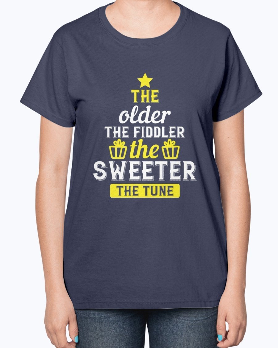 A stylish ladies t-shirt featuring the phrase 'The older the fiddler, the sweeter the tune' designed for birthday celebrations, made from a soft cotton blend.