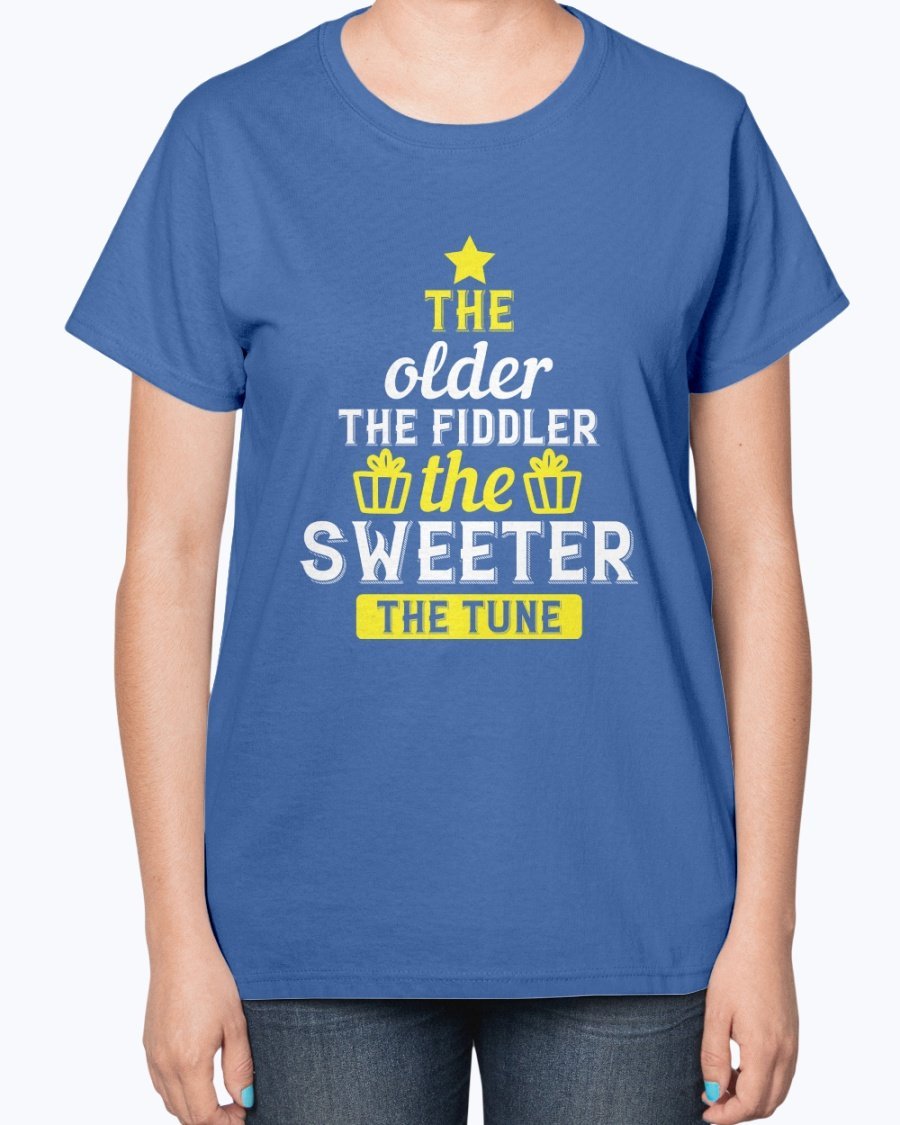 A stylish ladies t-shirt featuring the phrase 'The older the fiddler, the sweeter the tune' designed for birthday celebrations, made from a soft cotton blend.