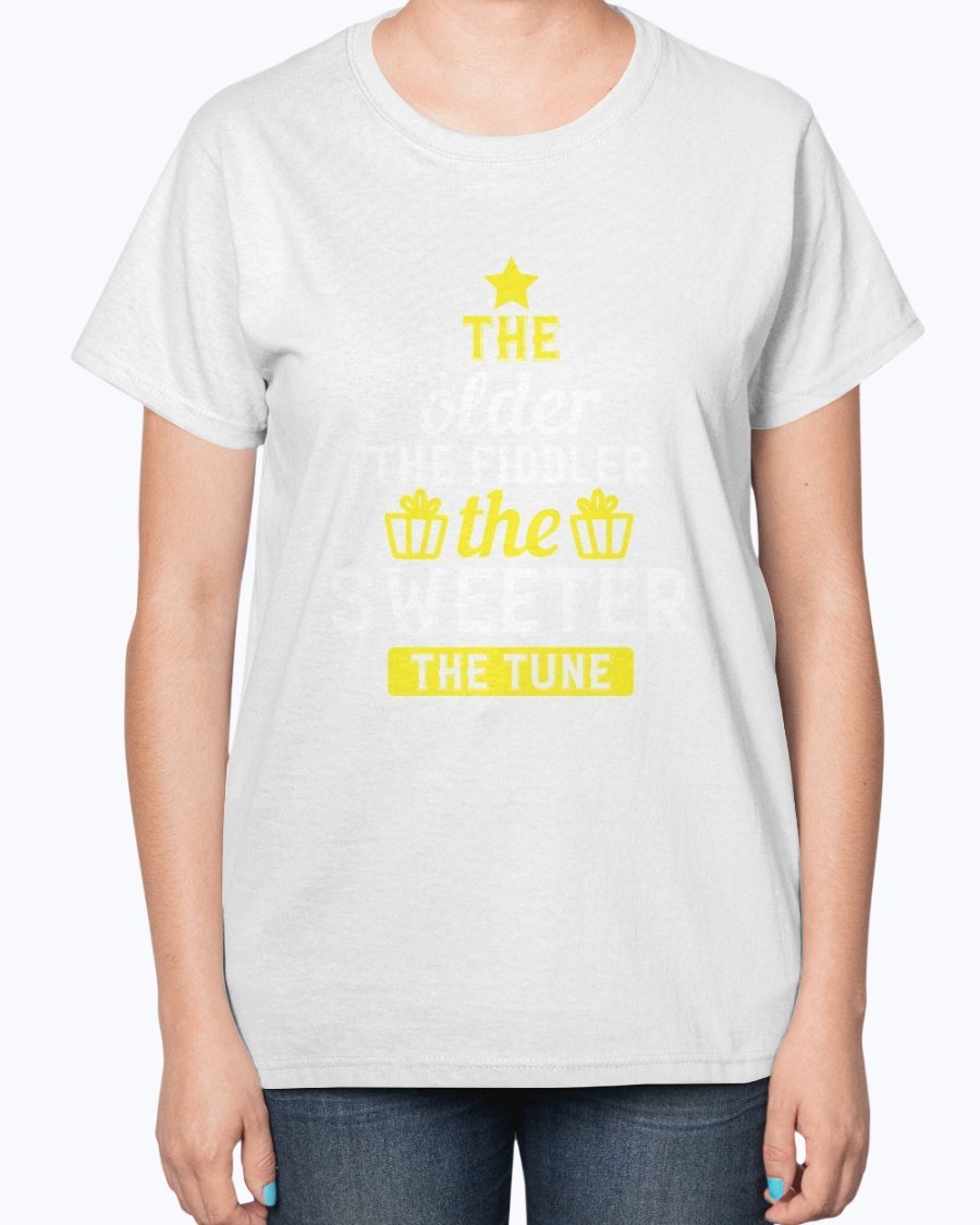 A stylish ladies t-shirt featuring the phrase 'The older the fiddler, the sweeter the tune' designed for birthday celebrations, made from a soft cotton blend.