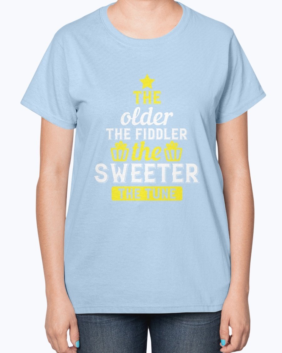A stylish ladies t-shirt featuring the phrase 'The older the fiddler, the sweeter the tune' designed for birthday celebrations, made from a soft cotton blend.