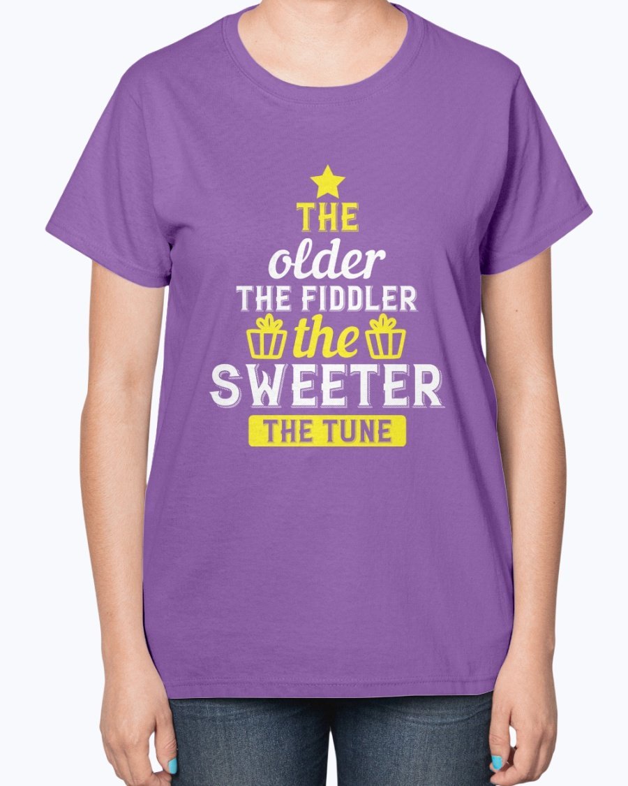 A stylish ladies t-shirt featuring the phrase 'The older the fiddler, the sweeter the tune' designed for birthday celebrations, made from a soft cotton blend.