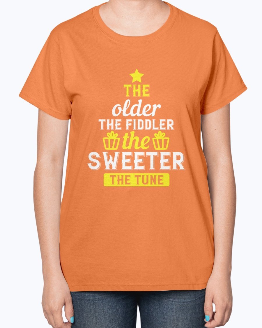 A stylish ladies t-shirt featuring the phrase 'The older the fiddler, the sweeter the tune' designed for birthday celebrations, made from a soft cotton blend.