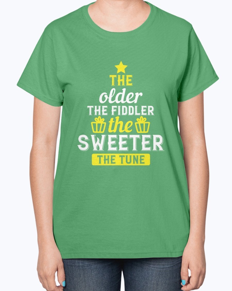 A stylish ladies t-shirt featuring the phrase 'The older the fiddler, the sweeter the tune' designed for birthday celebrations, made from a soft cotton blend.