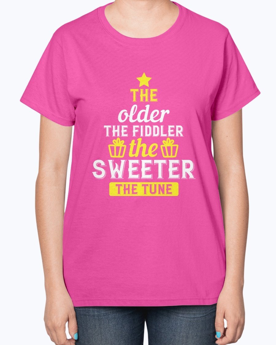 A stylish ladies t-shirt featuring the phrase 'The older the fiddler, the sweeter the tune' designed for birthday celebrations, made from a soft cotton blend.