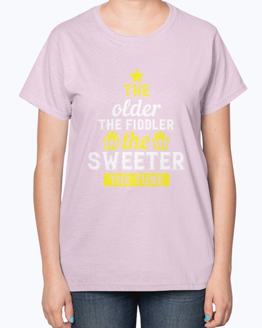 A stylish ladies t-shirt featuring the phrase 'The older the fiddler, the sweeter the tune' designed for birthday celebrations, made from a soft cotton blend.