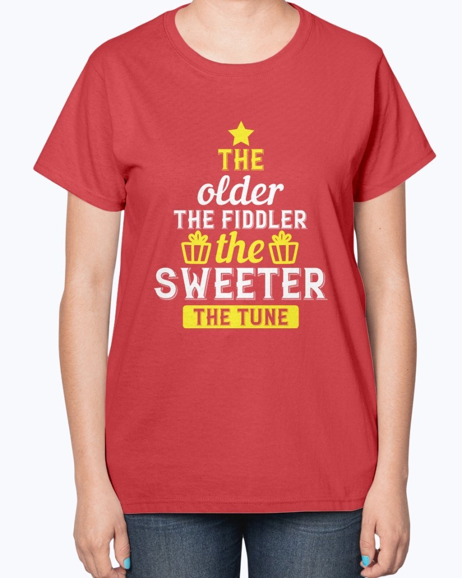 A stylish ladies t-shirt featuring the phrase 'The older the fiddler, the sweeter the tune' designed for birthday celebrations, made from a soft cotton blend.