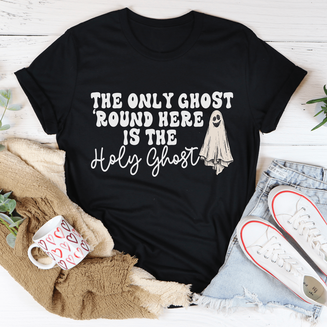 The Only Ghost Here Tee featuring a playful ghost design, made from 100% soft cotton, perfect for Halloween celebrations.