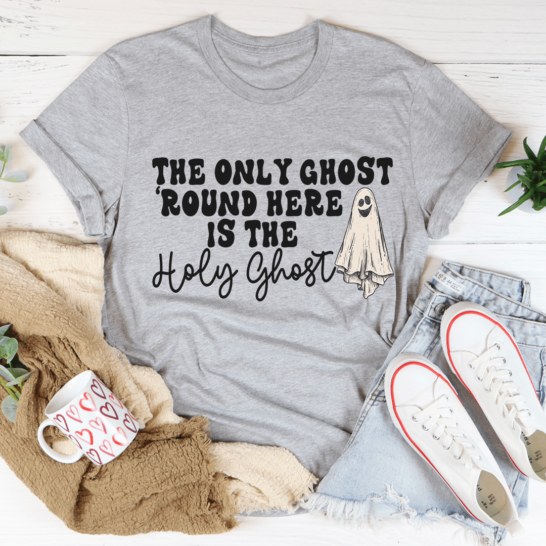 The Only Ghost Here Tee featuring a playful ghost design, made from 100% soft cotton, perfect for Halloween celebrations.