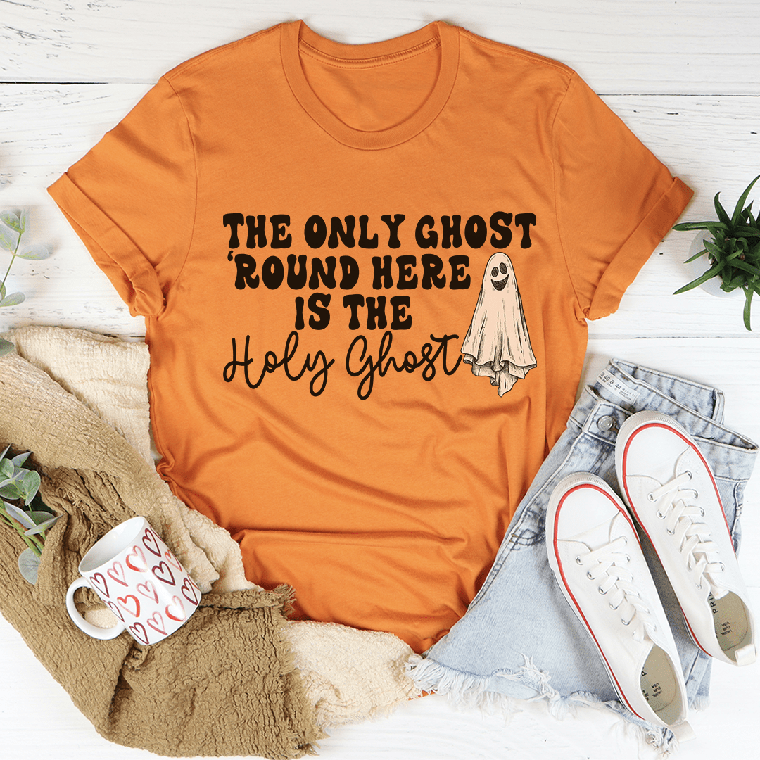 The Only Ghost Here Tee featuring a playful ghost design, made from 100% soft cotton, perfect for Halloween celebrations.