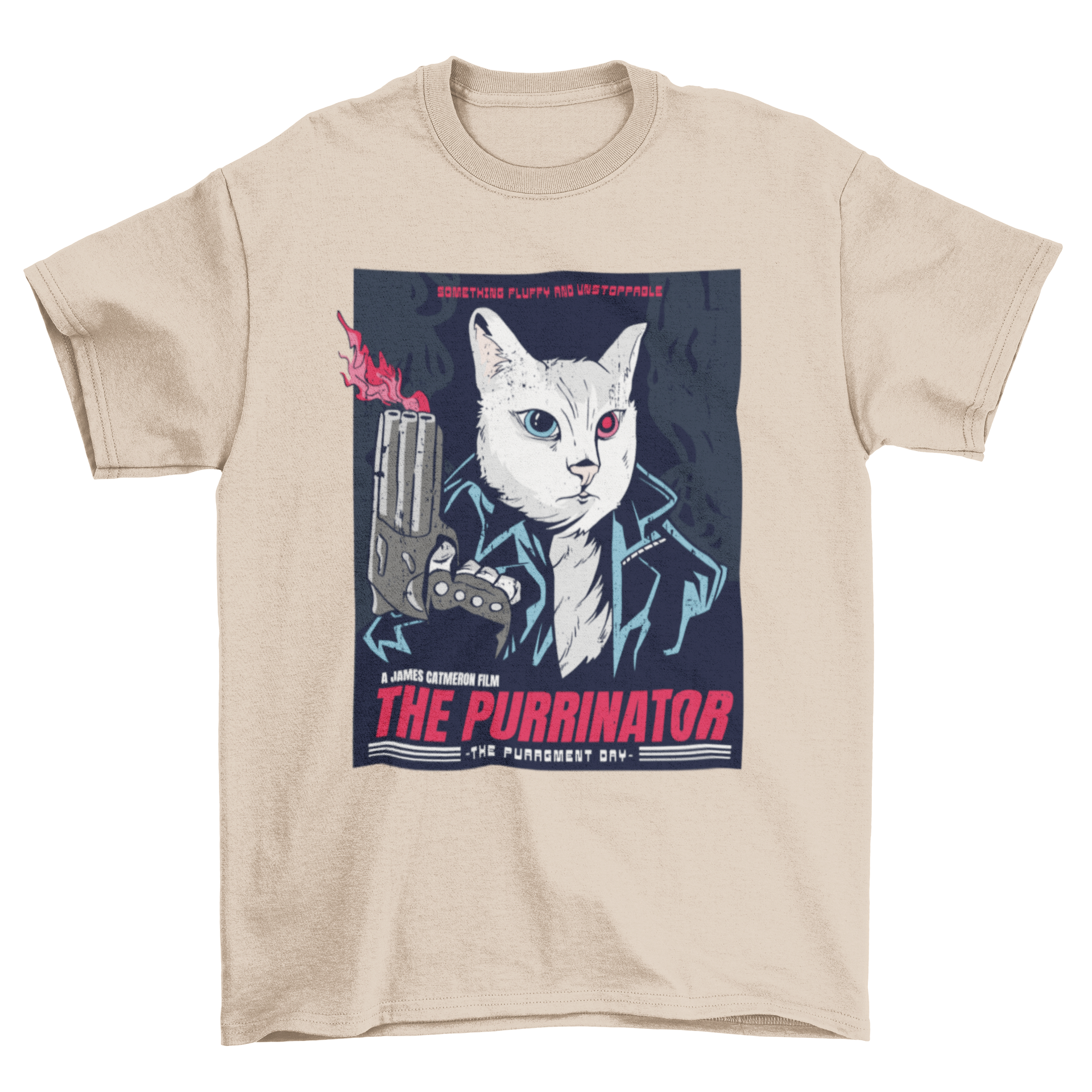 The Purrinator parody action cat t-shirt featuring a colorful design inspired by 80's action movie posters, showcasing a cat in a heroic pose.