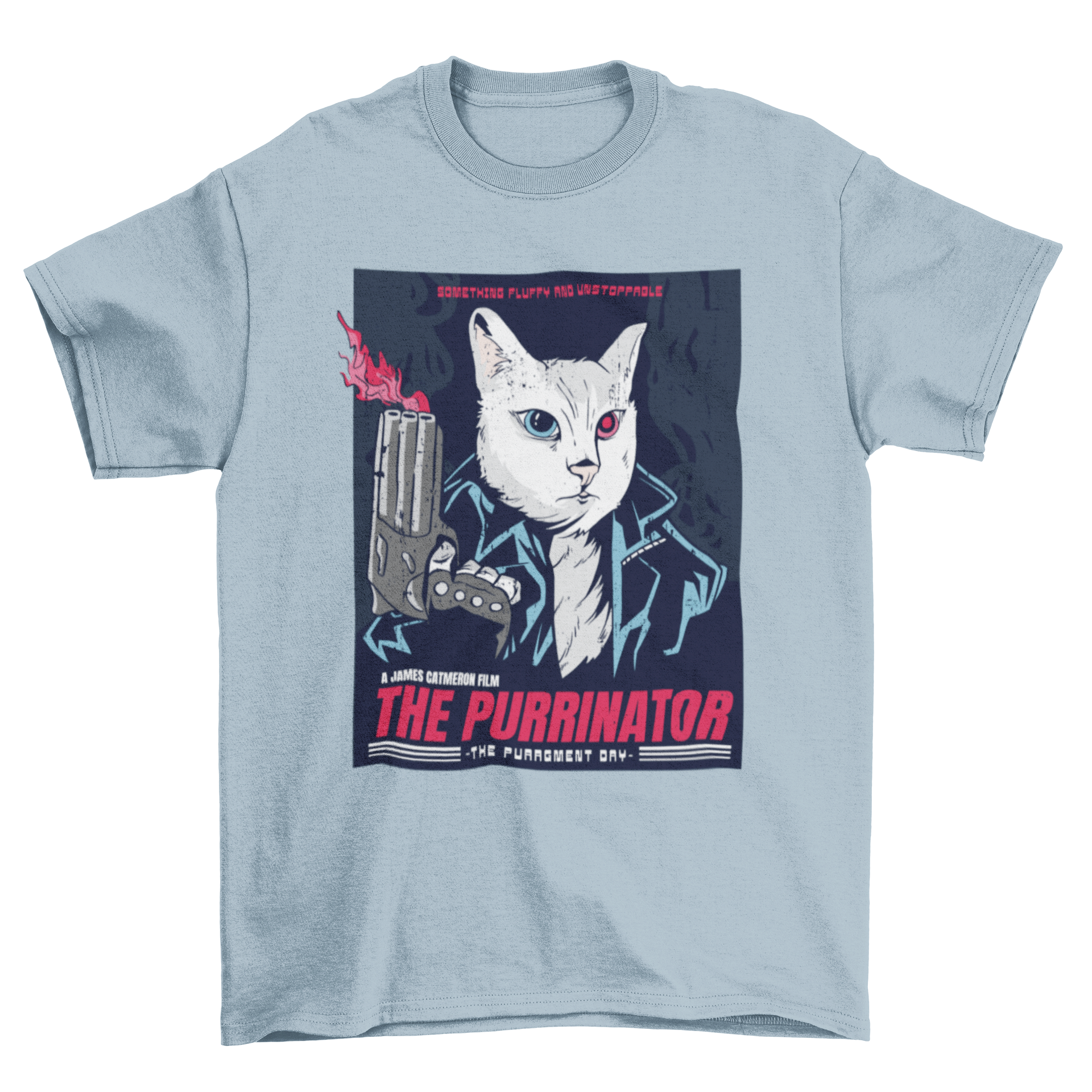 The Purrinator parody action cat t-shirt featuring a colorful design inspired by 80's action movie posters, showcasing a cat in a heroic pose.