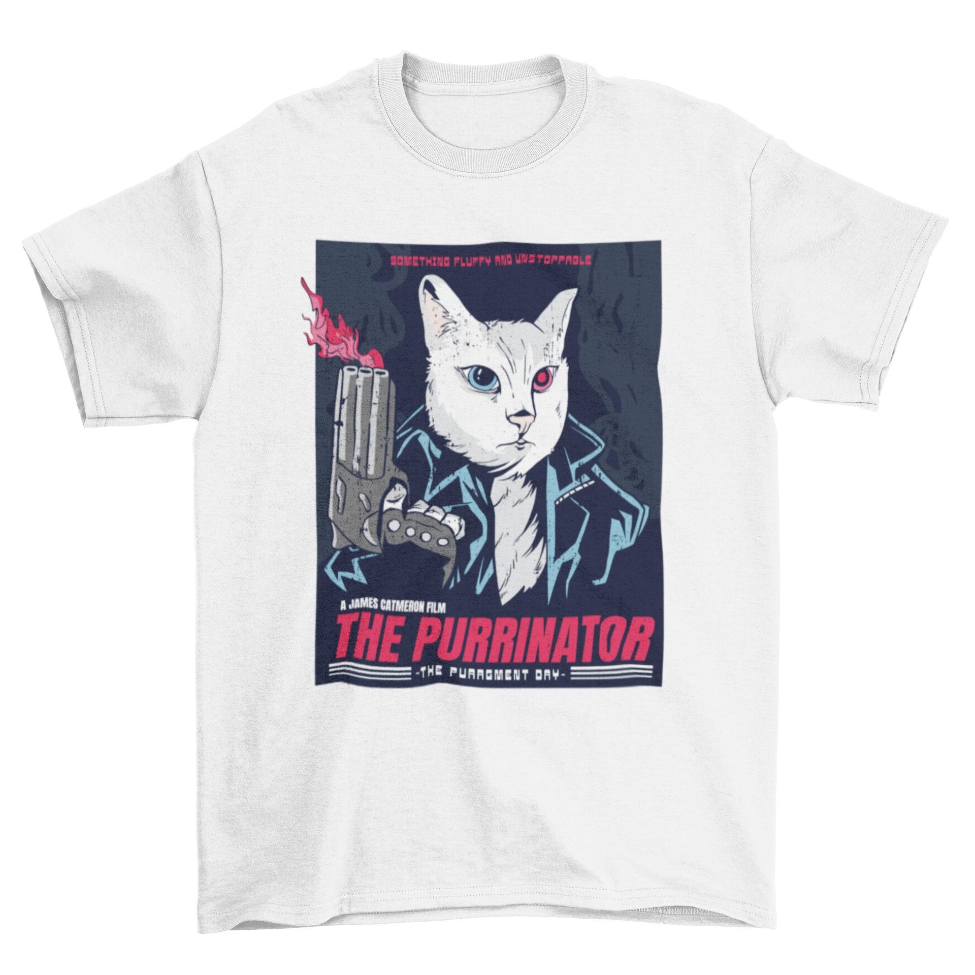 The Purrinator parody action cat t-shirt featuring a colorful design inspired by 80's action movie posters, showcasing a cat in a heroic pose.