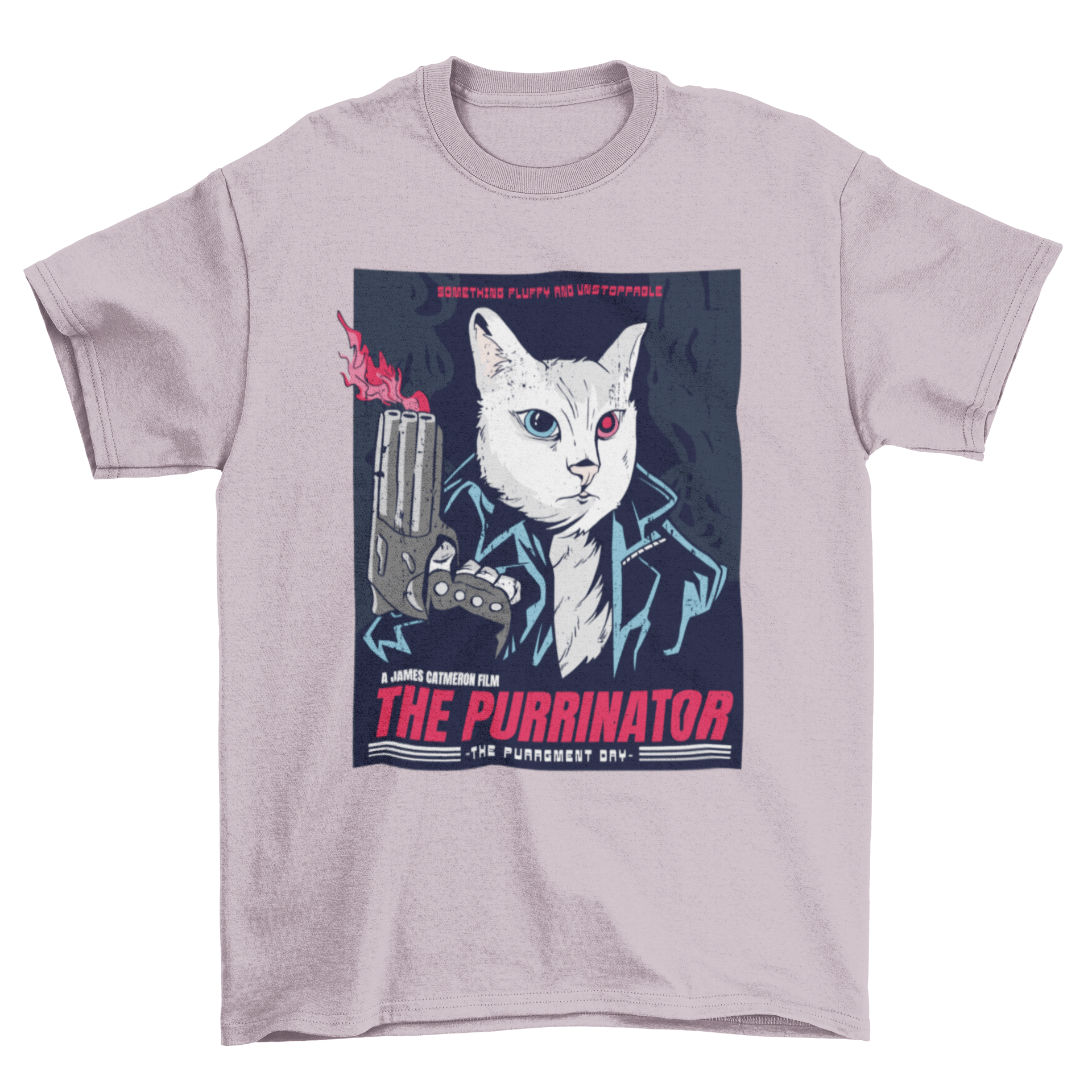 The Purrinator parody action cat t-shirt featuring a colorful design inspired by 80's action movie posters, showcasing a cat in a heroic pose.