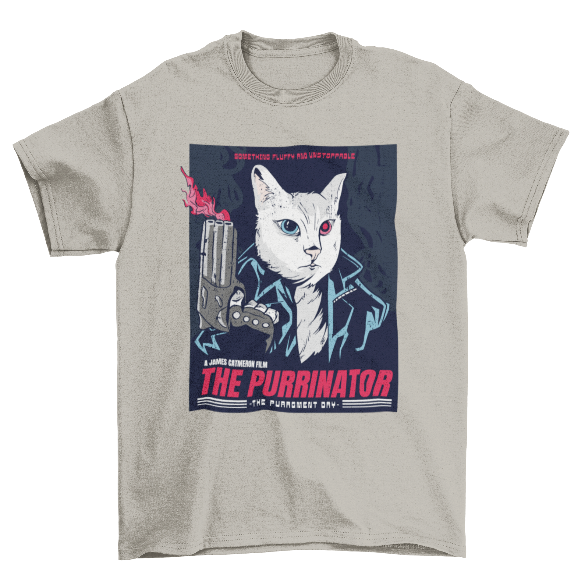 The Purrinator parody action cat t-shirt featuring a colorful design inspired by 80's action movie posters, showcasing a cat in a heroic pose.