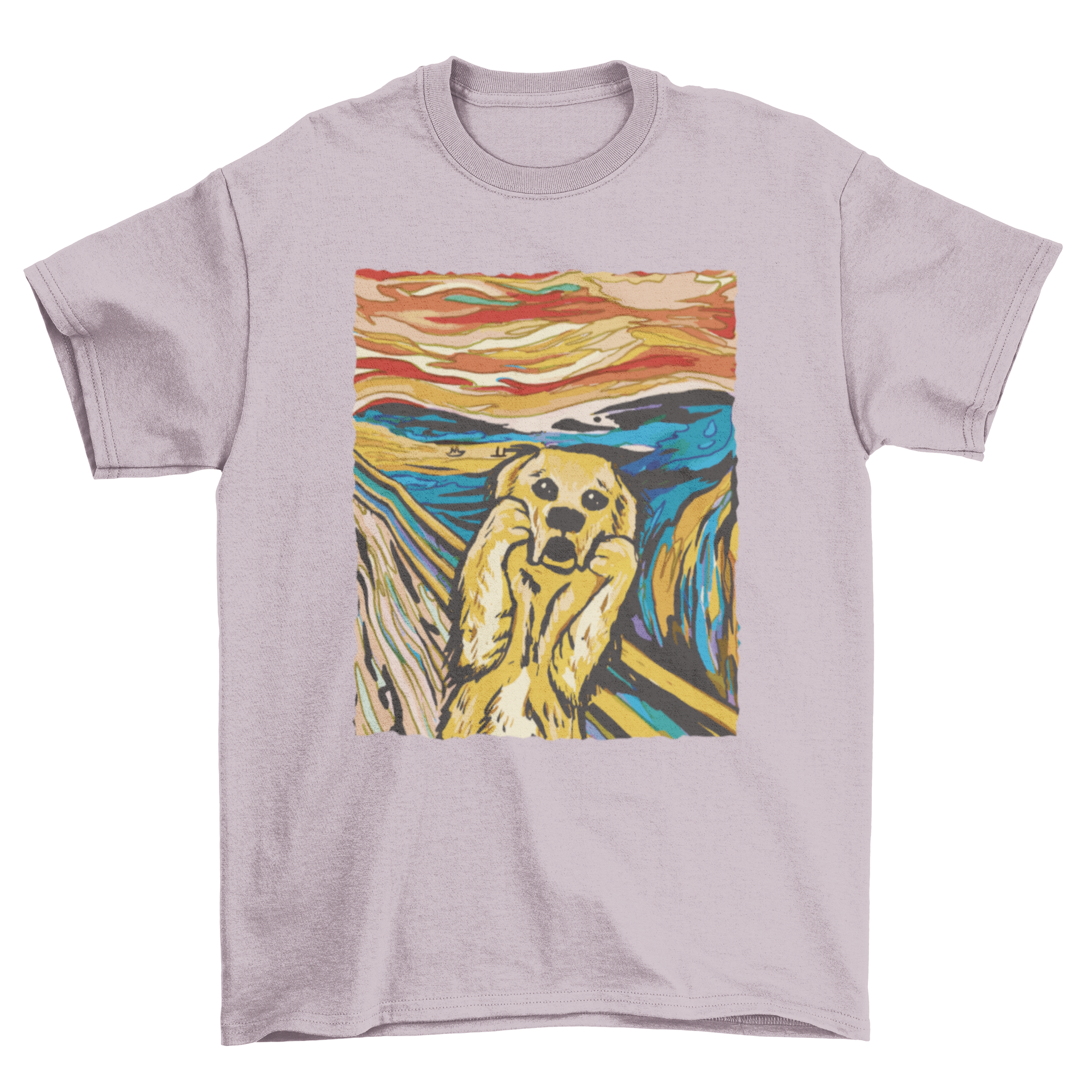 A stylish t-shirt featuring a golden retriever dog in the style of The Scream painting by Edvard Munch.